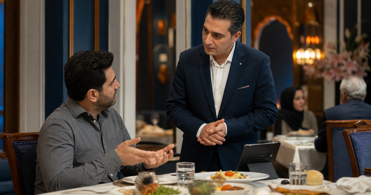 مدیر رستوران در حال گفت‌وگوی آرام با مشتری ناراضی