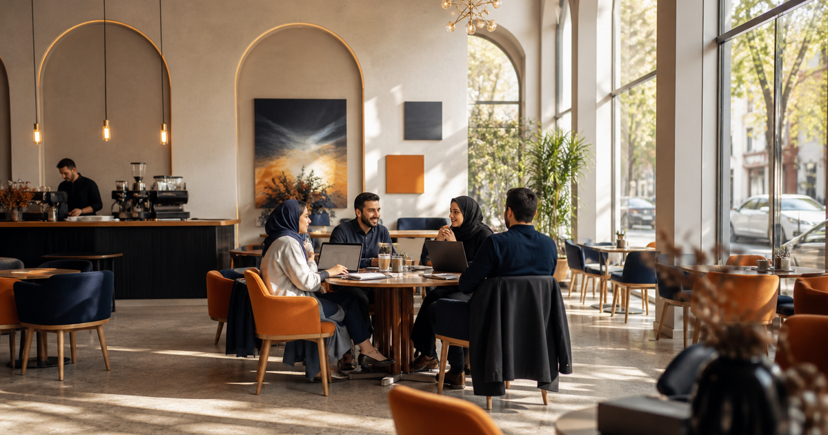 کافه‌ای آرام در ساعت خلوت با چند میز خالی
