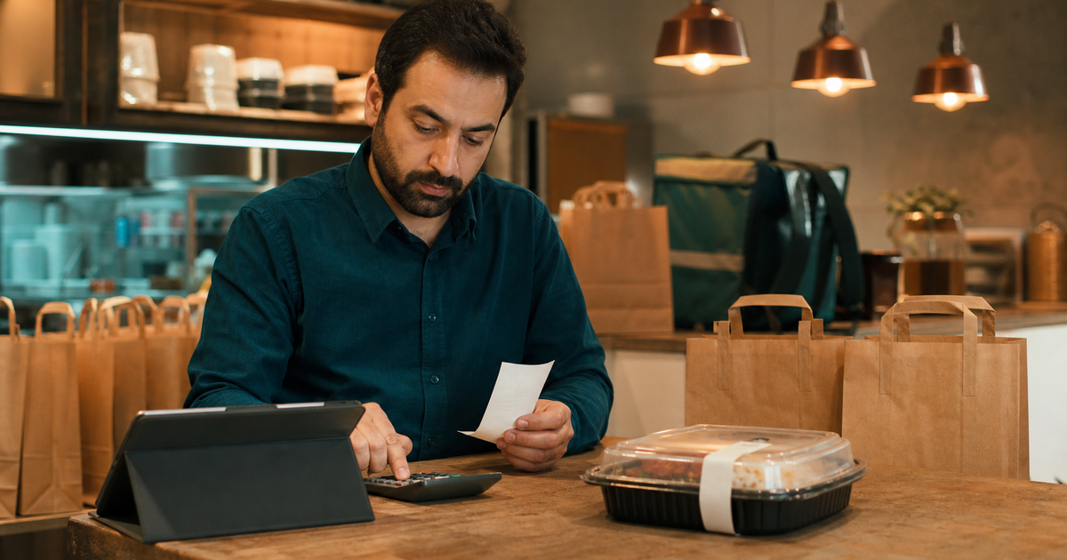 مدیر رستوران در حال محاسبه سود سفارش آنلاین با تبلت و بسته غذای بیرون‌بر