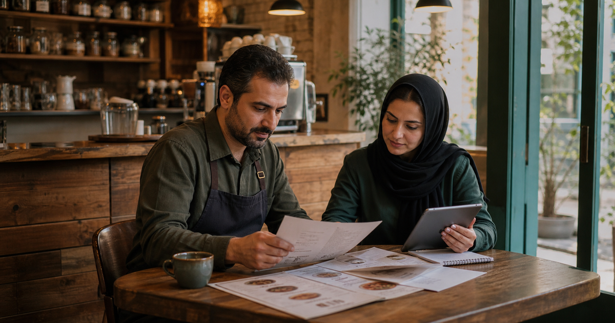 مدیر کافه در حال بازبینی قیمت‌های منو و واکنش مشتریان در فضای واقعی کافه