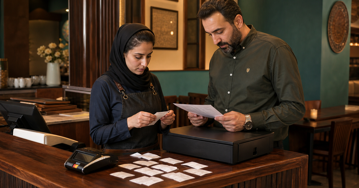 صندوقدار و مدیر رستوران در حال تطبیق کارت‌خوان، وجه نقد و گزارش فروش پایان شیفت